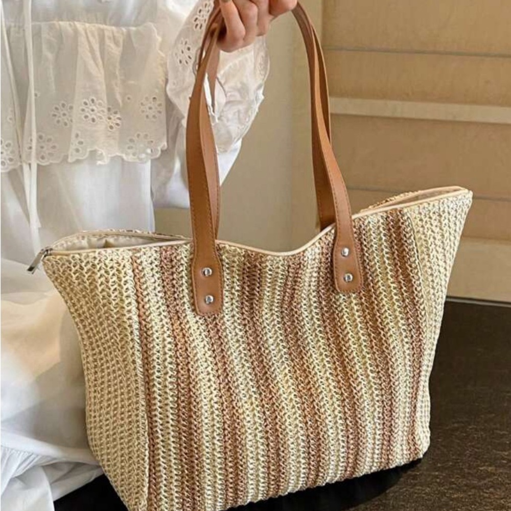 Large Capacity Striped Woven Shoulder Tote Bag